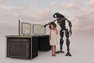 Robot standing with girl and pointing at computer