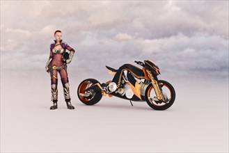Woman standing near futuristic motorcycle