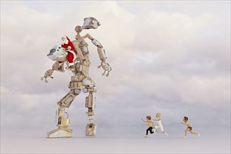 Children chasing Santa steering robot