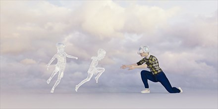Transparent children running to woman wearing virtual reality goggles