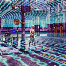 Woman walking in binary code wearing virtual reality goggles