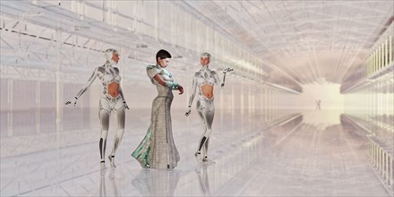 Woman and robots in futuristic corridor