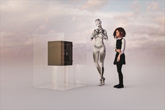 Robot woman and girl watching safe in cube