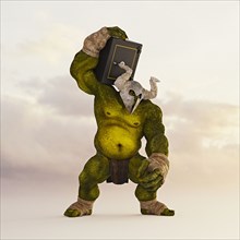 Giant green ogre carrying safe on shoulder