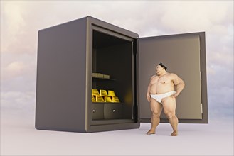 Sumo wrestler watching gold in safe