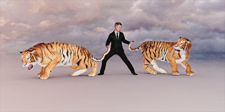 Businessman holding tigers by the tails