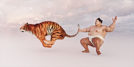 Sumo wrestler holding tiger by the tail