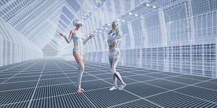 Robot with woman wearing virtual reality goggles in futuristic corridor