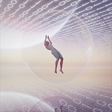 Woman floating in sphere in binary code