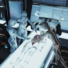 Futuristic doctor reaching into cyborg organs