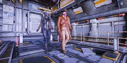 Cowboy and woman wearing masks on spaceship
