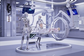 Futuristic nurses repairing cyborg