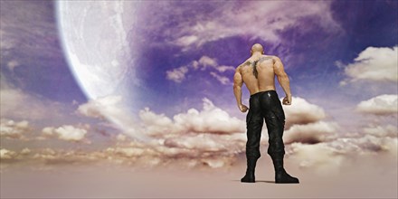 Strong man with tattoo on back standing in clouds