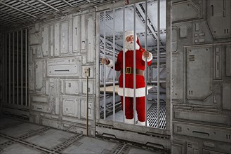 Santa standing in futuristic jail cell