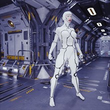 Fierce female cyborg on spaceship