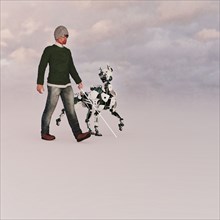 Blind man walking with a futuristic robot guide dog