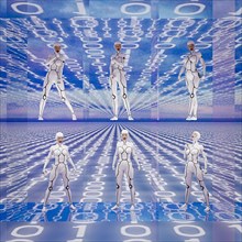 Cyborg women standing in binary code