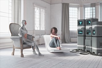 Cyborg and the woman talking near computers