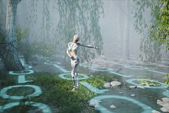 Cyborg woman standing in binary code forest