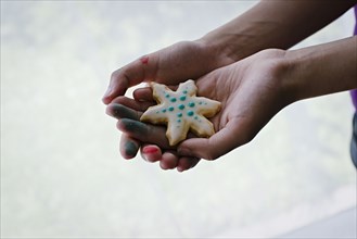 Hands of mixed race girl showing Christmas cookie