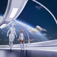 Futuristic girl walking with woman robot