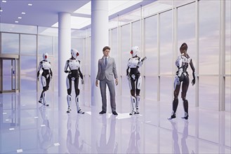 Businessmen with futuristic women robots