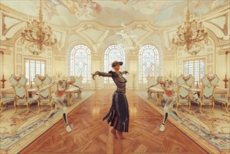 Woman wearing virtual reality goggles dancing in ballroom