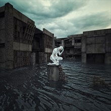 Robot kneeling on broken wall in flood