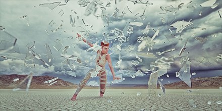 Shards of glass surrounding futuristic woman in desert