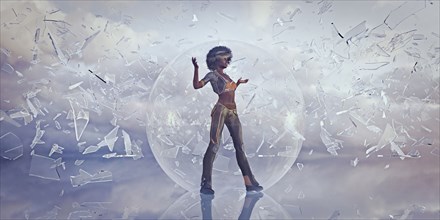 Woman standing in sphere protected from falling shards of glass