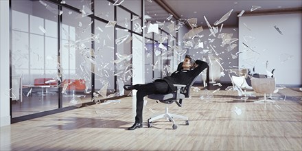 Businessman relaxing chair surrounded by shards of glass