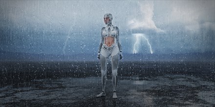 Futuristic woman standing in rain storm
