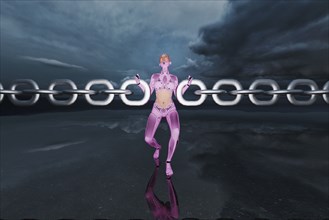 Pink android woman linking chains