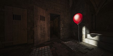 Red balloon floating in dark dungeon
