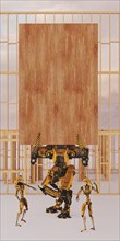 Construction robot holding wooden board with copy space
