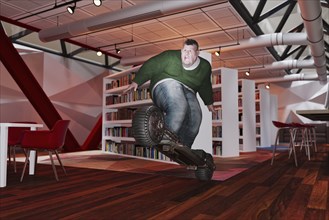 Overweight man riding futuristic skateboard in library