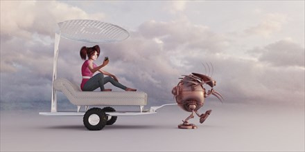Robot pulling girl in luxury futuristic rickshaw