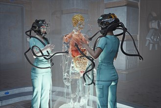 Doctors with robotic arms on helmet treating transparent patient