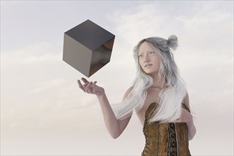 Woman watching floating cube