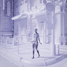 Robot woman walking in futuristic white city