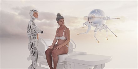 Robot and android examining woman