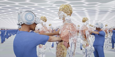 Doctors wearing virtual reality goggles examining transparent men