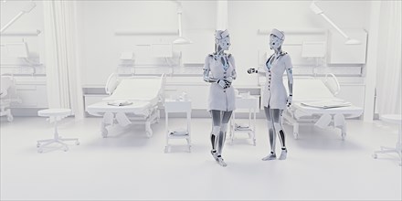 Robot nurses talking in hospital