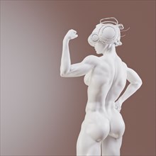 White muscular woman wearing virtual reality goggles flexing muscles