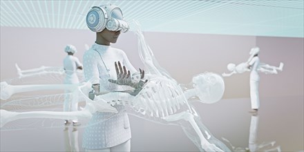 Doctors wearing virtual reality goggles examining skeleton