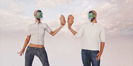 Robot couple holding removable face masks