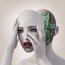 Robot woman holding removable face mask revealing circuits