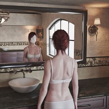 Reflection in mirror of woman with plain white face