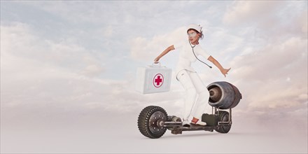 Nurse riding futuristic skateboard