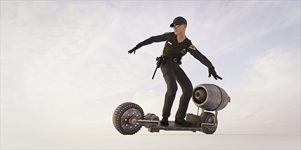 Police officer riding futuristic skateboard